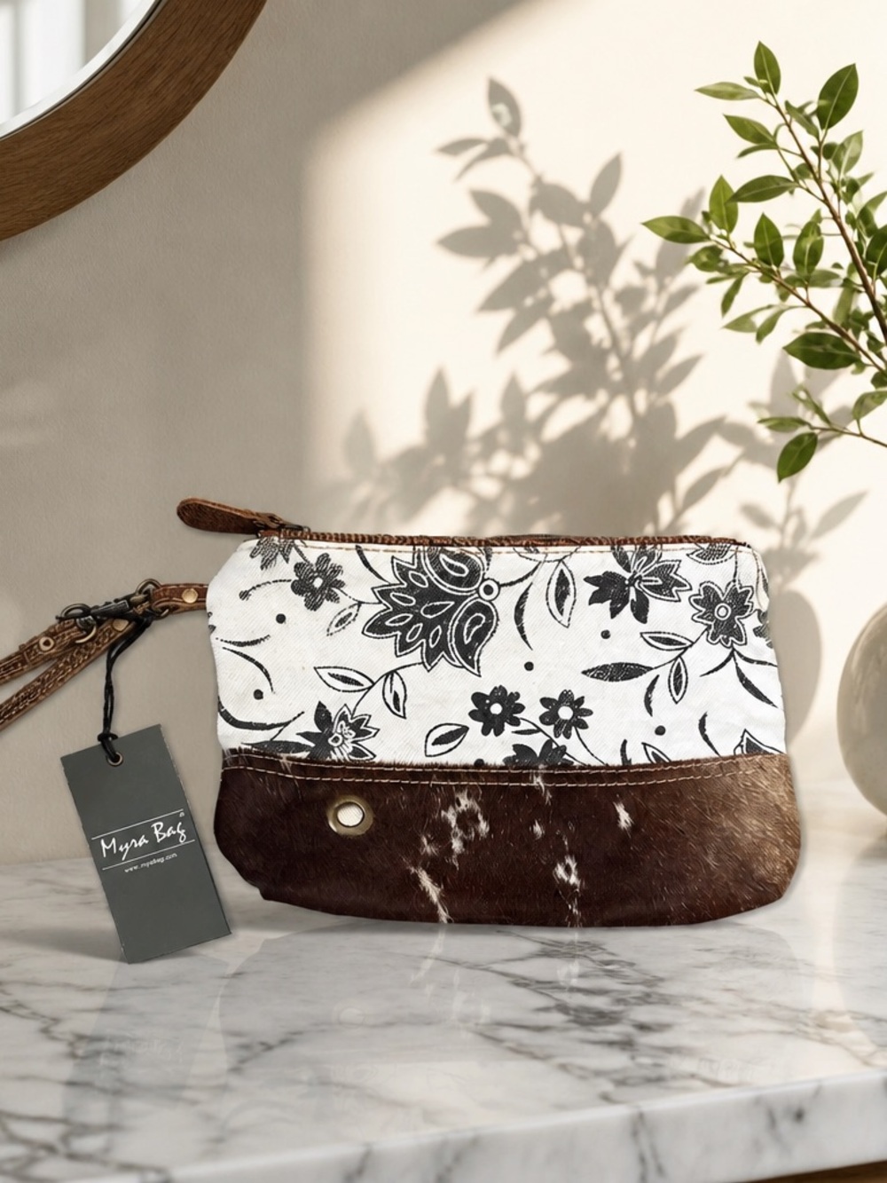 Myra Bag White Floral Canvas & Brown Hair-On Leather Wristlet